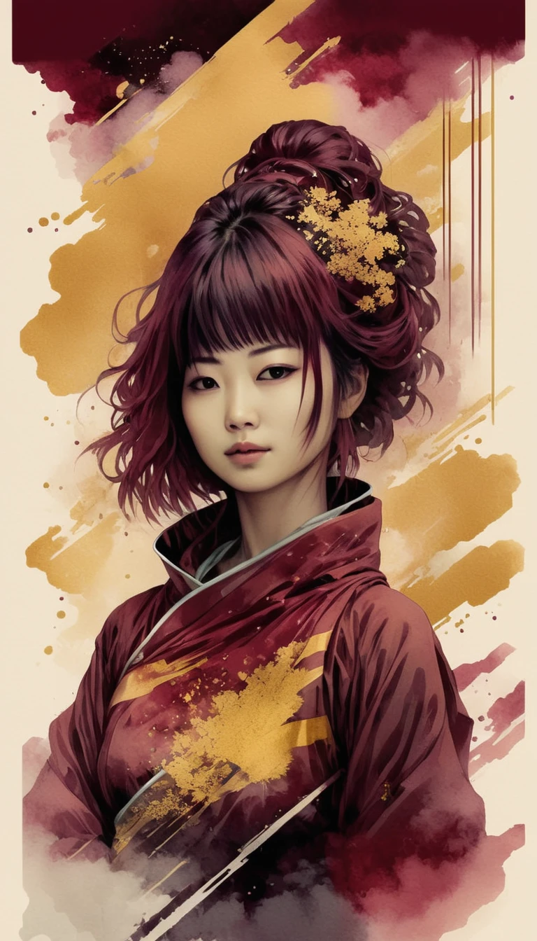 japanese woman, urban Comics style , maroon and gold flag ornaments,  sci fi, highly technology, iconographic, glitch background, , watercolor, ink, mist, interactive image, highly detailed, art style by Clayton Crain + Ross Tran + Rachel Walpole + Jeszika Le Vye + Dan Volbert + Simon Stalenhag + Brian Stelfreeze