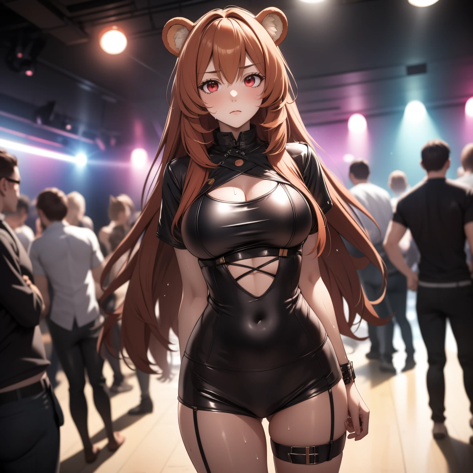 Raphtalia woman 23 years old straight orange hair , round bear ears, red eyes like ruby, worried expression., low cut leather clothing, sweaty body, is standing, standing in the middle of a nightclub. surrounded by men ,  men surround her and watch, background a disco