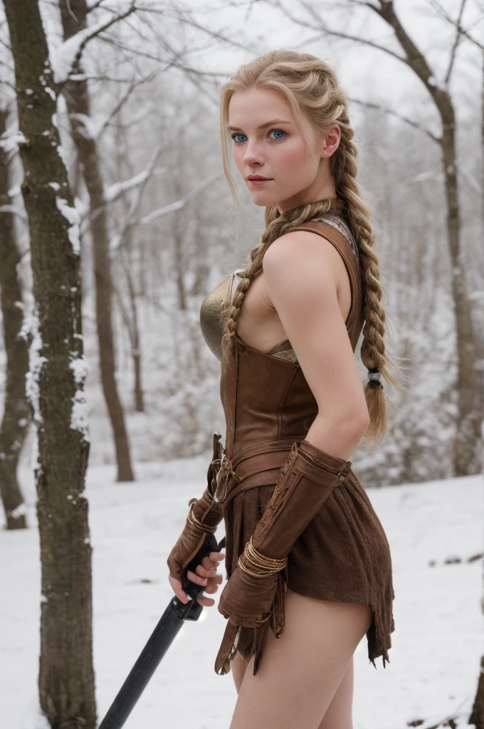 (Practical:1.2), Analog photography style, Scandinavian female warrior, Fantastic snowscape, gold braided hair, whole body, Soft natural light, Cute and sexy, pleasure, Delicate face and blue eyes, Good quality, masterpiece, Detailed northern background, quality: 16K, RAW photos