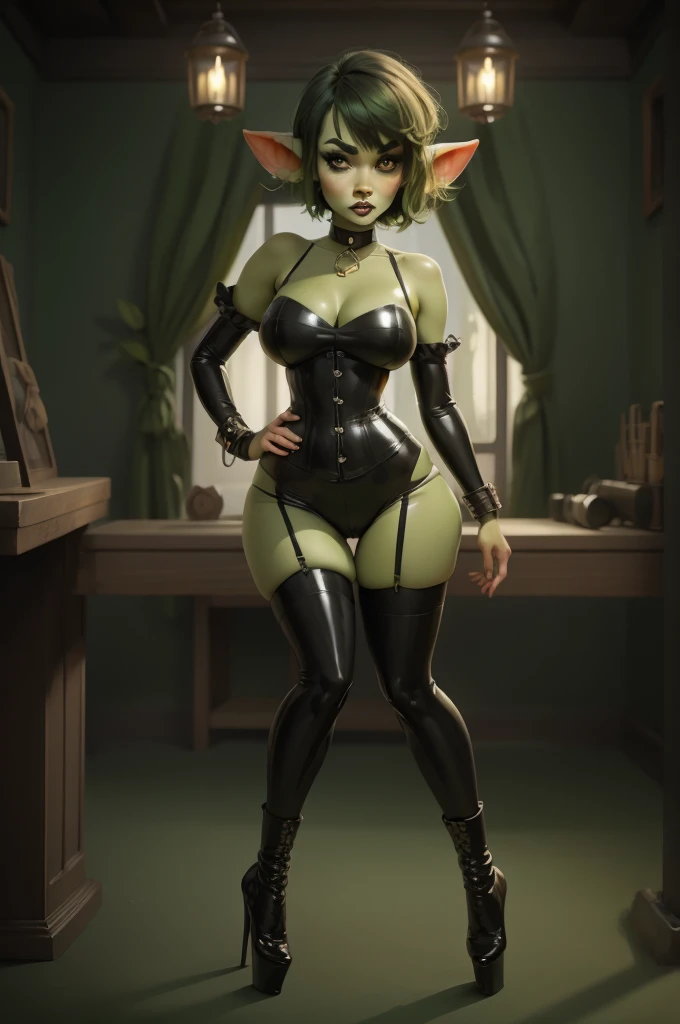 Goblin girl. green skin. very short hairstyle. choker. black pouty lips. big , hourglass figure, goth, eyeshadow, eyeliner, thigh high boots, high heels, 