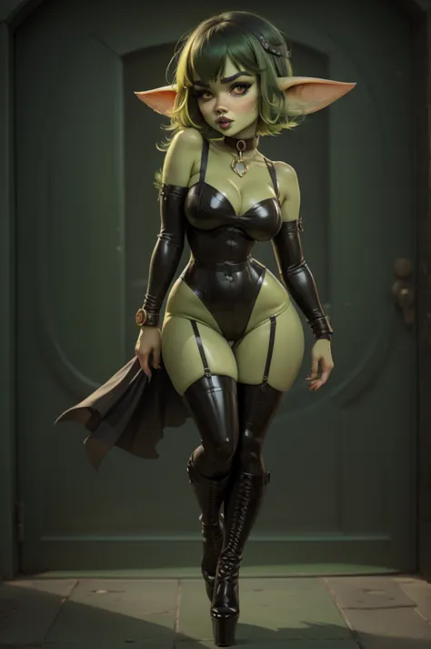 goblin girl. green skin. very short hairstyle. choker. black pouty lips. big , hourglass figure, goth, eyeshadow, eyeliner, thig...