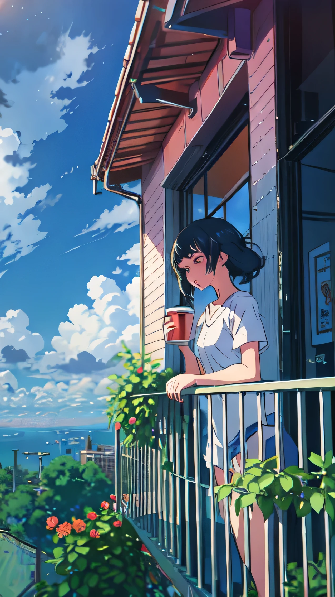 Girl standing on balcony with coffee in hand, cgsociety 9, Chill Hop, Alena Aenami and Artgerm, Makoto Shinkai and Artgelm, The Lo-Fi Girl Aesthetic, Anime Scenery, makoto shinkai and (Cain Kuga), Lo-fi aesthetic, Anime scenery, Anime Nature, roof backgrond, Anime Wallpaper