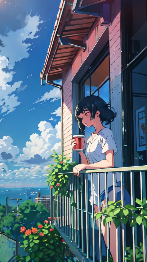 girl standing on balcony with coffee in hand, cgsociety 9, chill hop, alena aenami and artgerm, makoto shinkai and artgelm, the ...