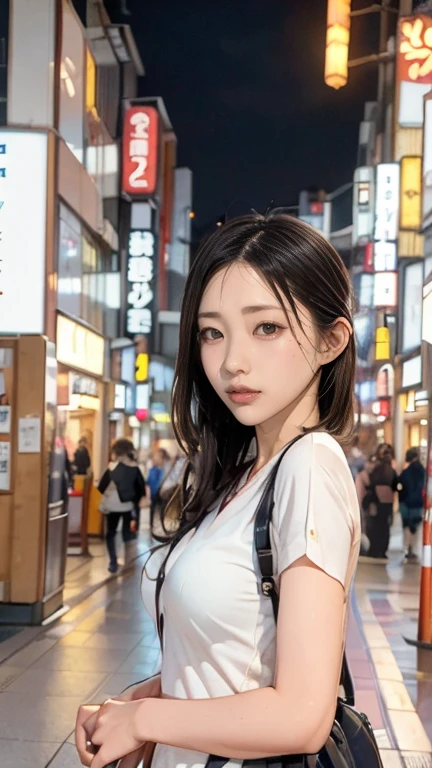 Una chica, Calle Tokio,Noche, paisaje urbano,Luces de la ciudad, Parte superior del cuerpo,cerca, 8K, Fotos CRUDAS, de la máxima calidad, obra maestra,Realista, photo-Realista,