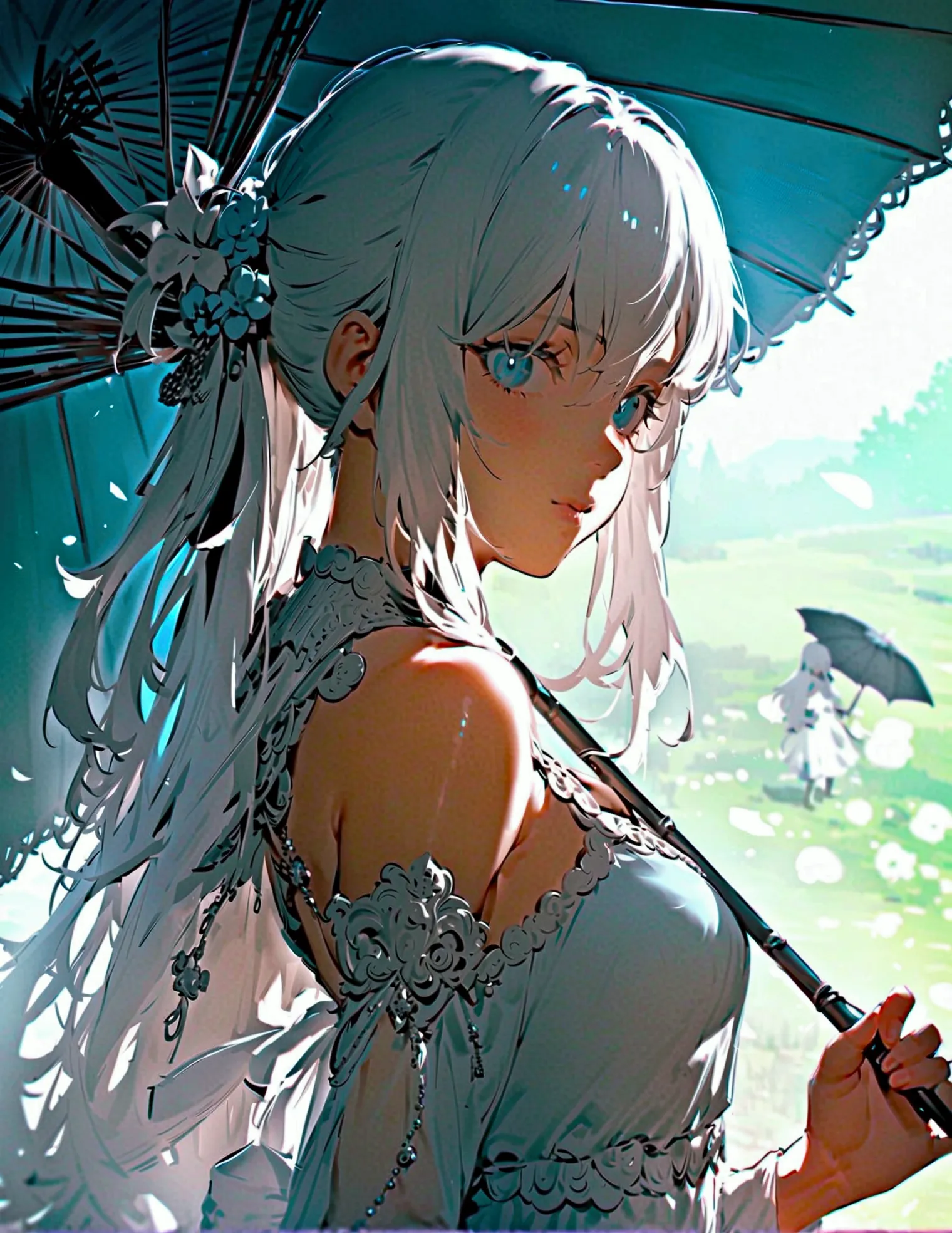 anime girl with long white hair and a blue dress holding a black umbrella, with a mirror, from arknights, white haired deity, an...