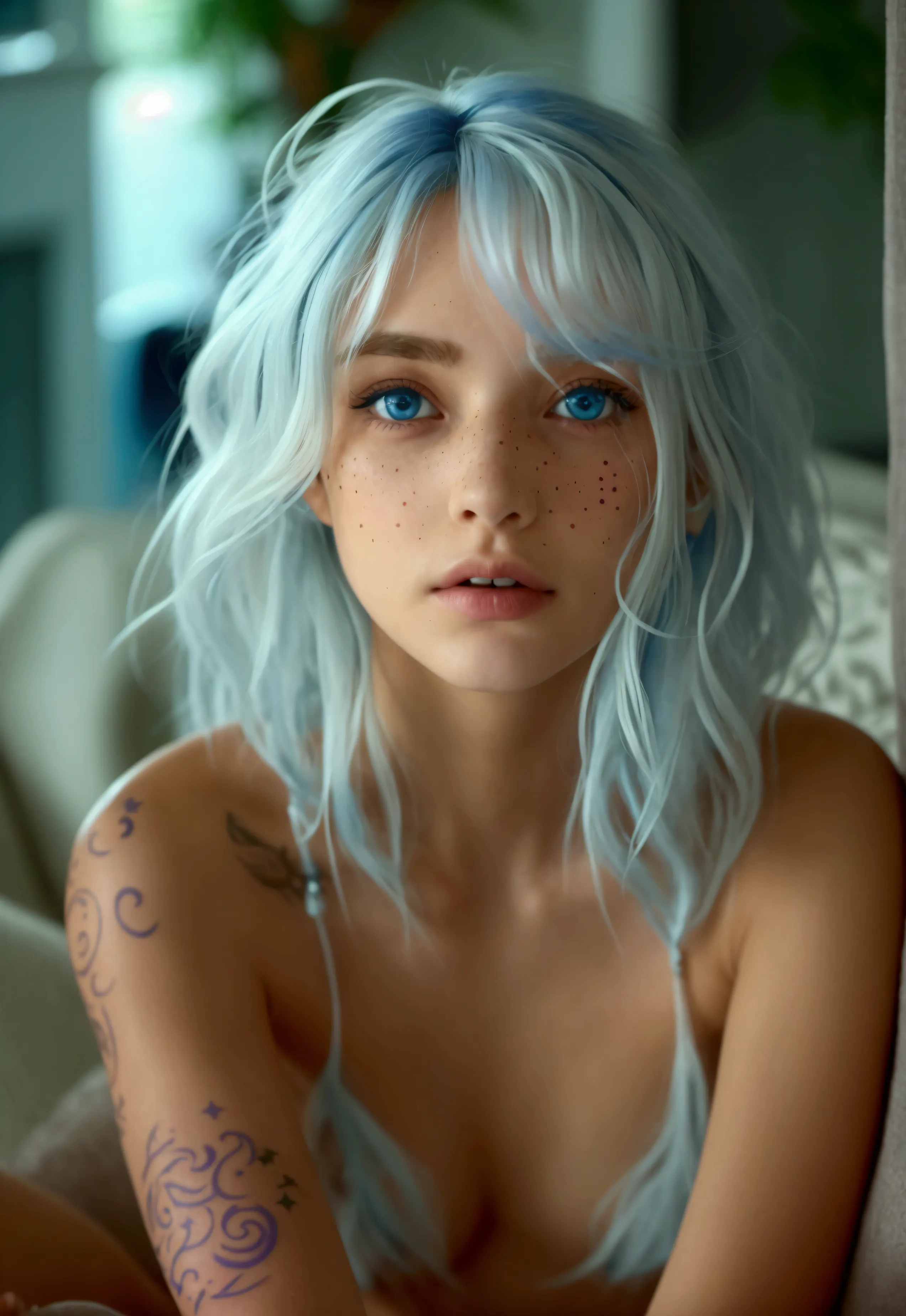 Create an ultra realistic image of a 22 year old American woman, crystal blue eyes, olive skin, freckles on her face, shoulder length and disheveled hair, blue and purple hair, slightly messy hair.   depth of field, front focus, ultra realistic (small tatt...