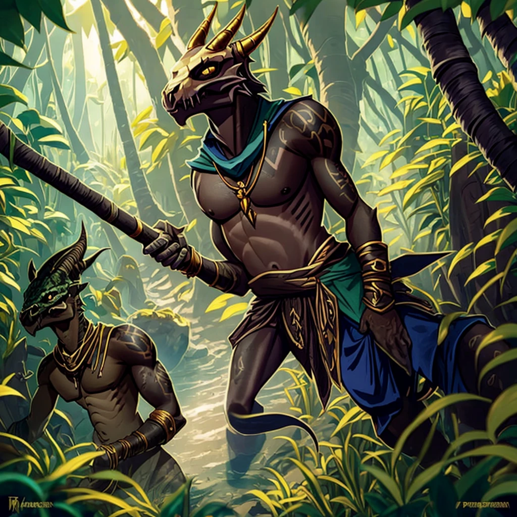 Kobold, scalie, solo, black skin, anthro, male, kobold male, men, flat chested, flat breasts, horns, tribal tattoos, womb tattoo, tail, kobold tail, Penetrating gaze, Magic staff with animal skull, cuff gold, neck cuff very thick, in a jungle mangrove, (slime loincloth), Warlock Kobold, Crotch bulge,