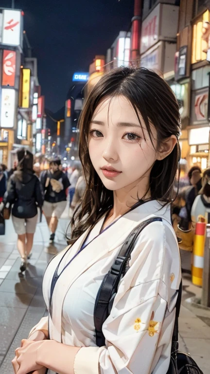 Una chica, Calle Tokio,Noche, paisaje urbano,Luces de la ciudad, Parte superior del cuerpo,cerca, 8K, Fotos CRUDAS, de la máxima calidad, obra maestra,Realista, photo-Realista,