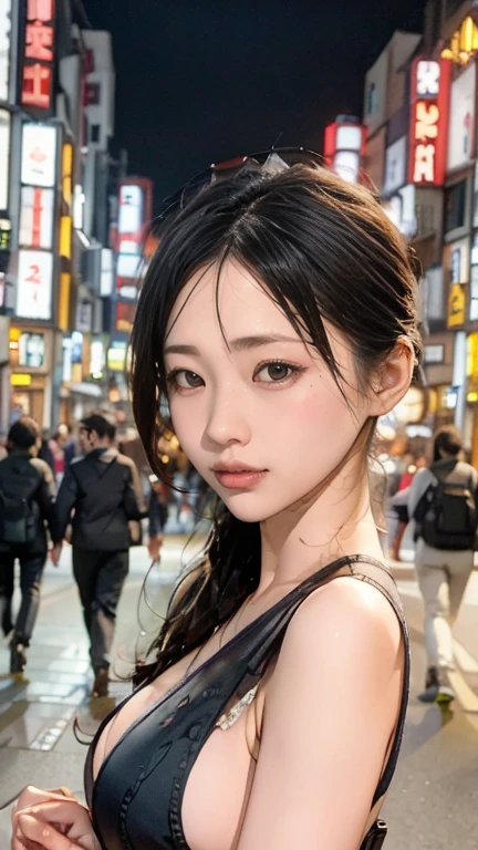 Una chica, Calle Tokio,Noche, paisaje urbano,Luces de la ciudad, Parte superior del cuerpo,cerca, 8K, Fotos CRUDAS, de la máxima calidad, obra maestra,Realista, photo-Realista,