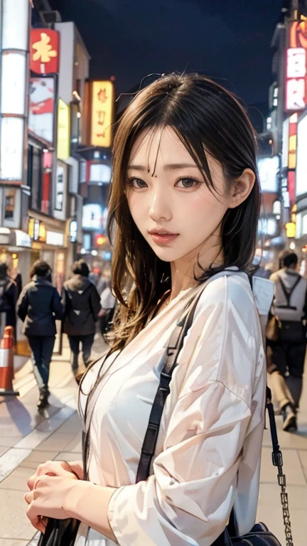 Una chica, Calle Tokio,Noche, paisaje urbano,Luces de la ciudad, Parte superior del cuerpo,cerca, 8K, Fotos CRUDAS, de la máxima calidad, obra maestra,Realista, photo-Realista,