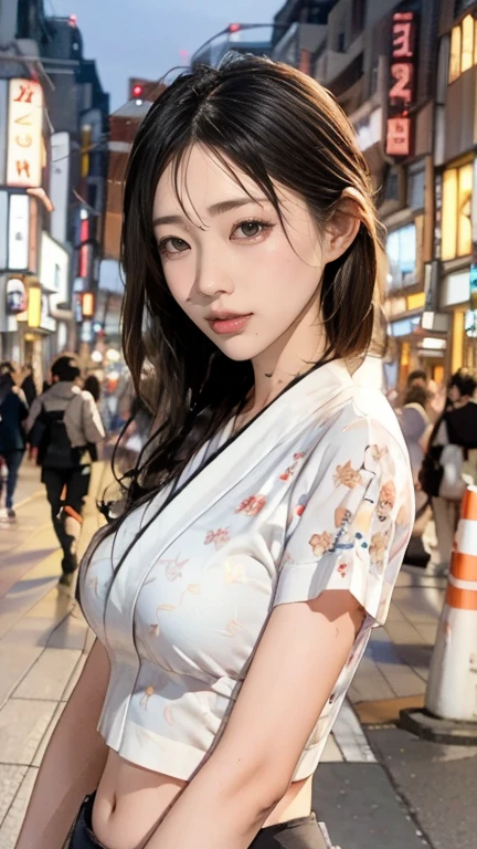 Una chica, Calle Tokio,Noche, paisaje urbano,Luces de la ciudad, Parte superior del cuerpo,cerca, 8K, Fotos CRUDAS, de la máxima calidad, obra maestra,Realista, photo-Realista,