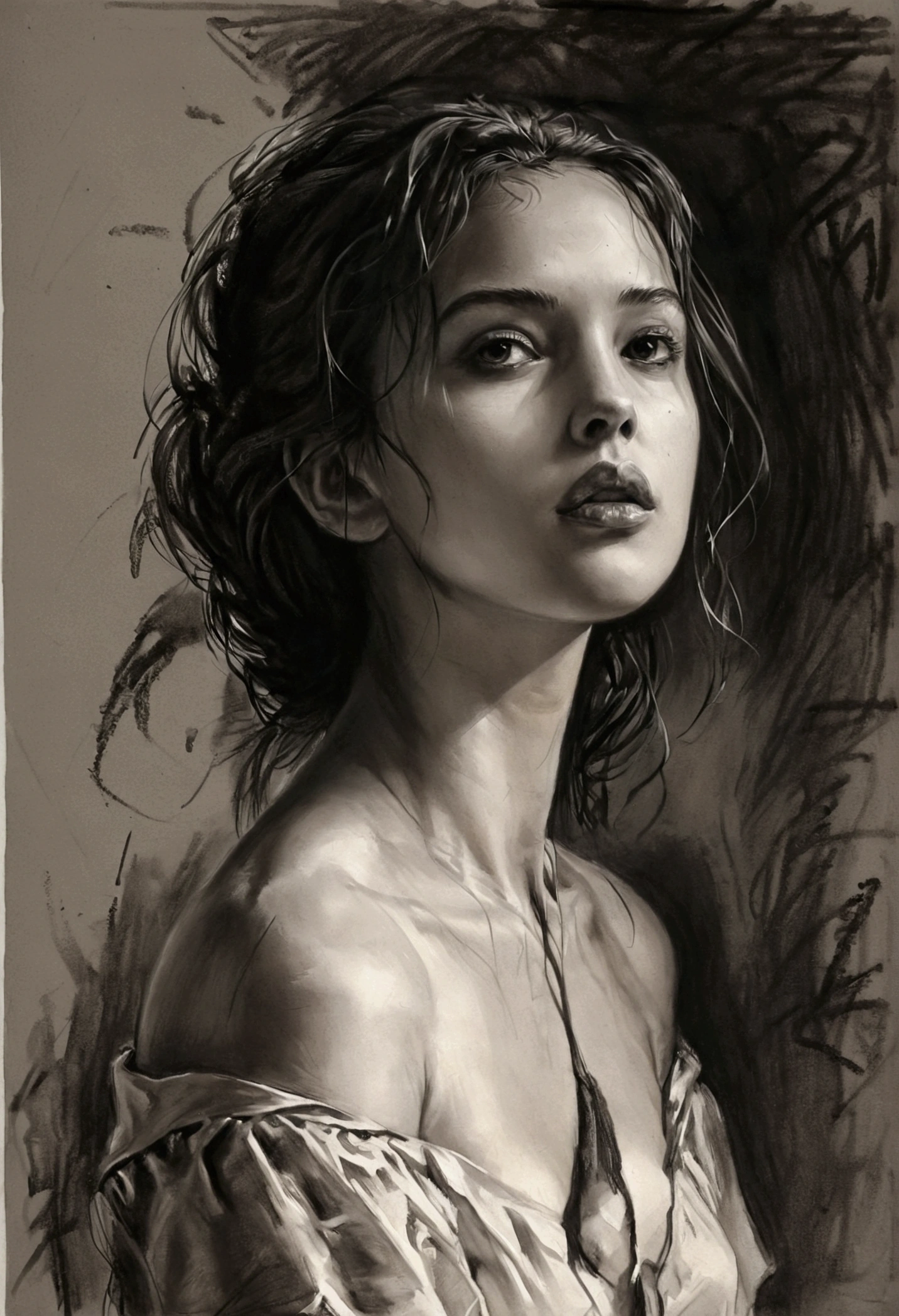 um pencil draw de uma mulher , a charcoal drawing, CGSetnation, arte figurativa, charcoal drawing, pencil draw, dynamic pose