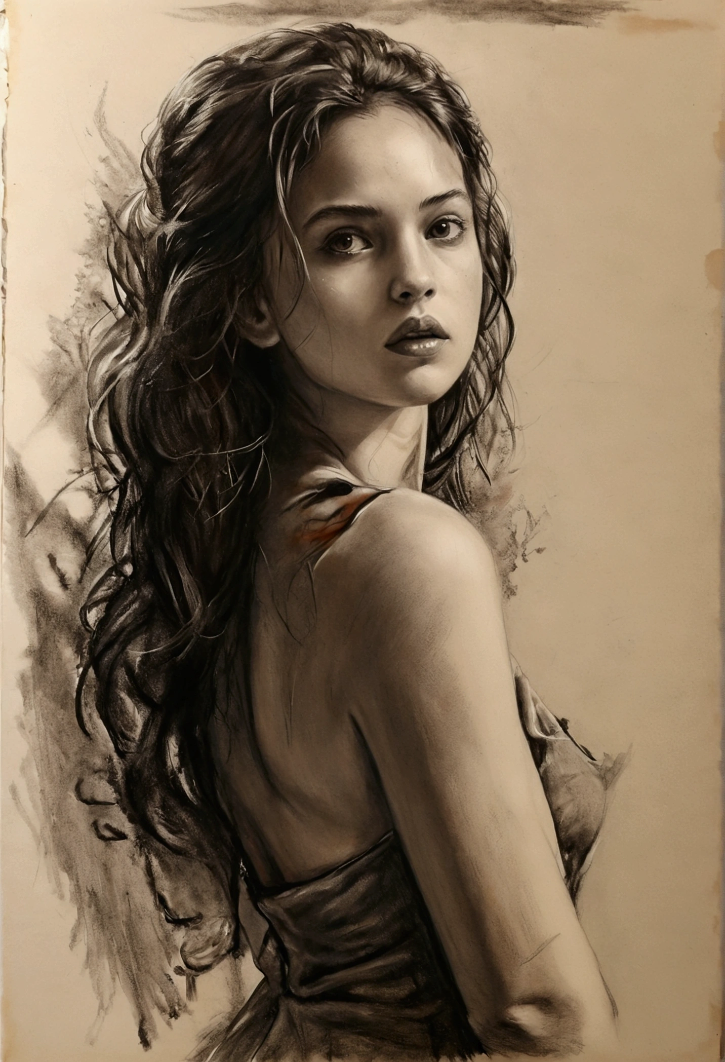 um pencil draw de uma mulher , a charcoal drawing, CGSetnation, arte figurativa, charcoal drawing, pencil draw, dynamic pose