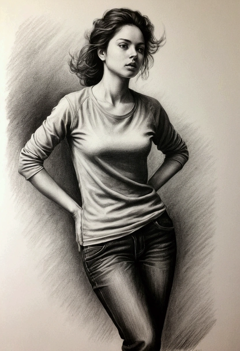 um pencil draw de uma mulher , a charcoal drawing, CGSetnation, arte figurativa, charcoal drawing, pencil draw, dynamic pose