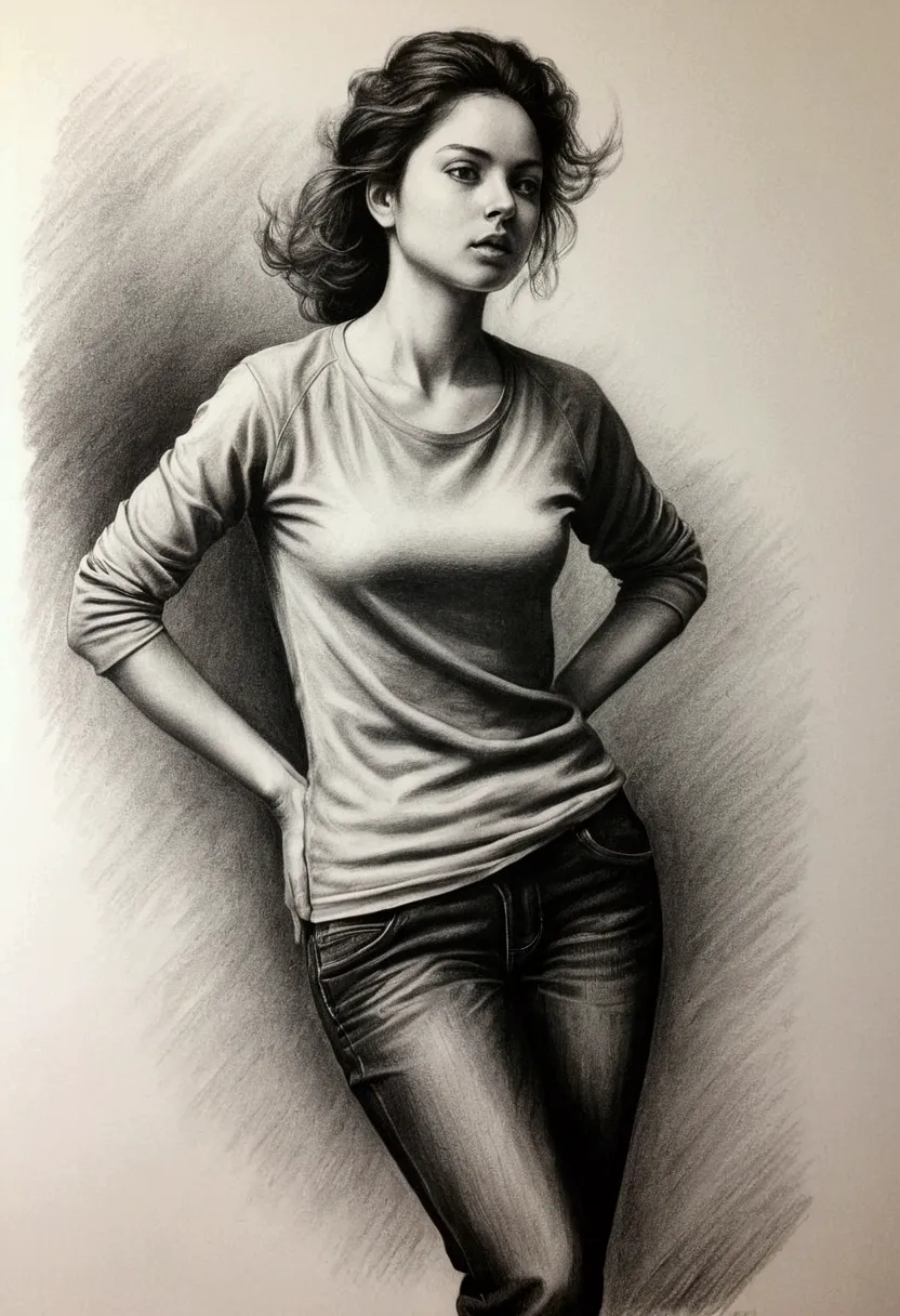 um pencil draw de uma mulher , a charcoal drawing, cgsetnation, arte figurativa, charcoal drawing, pencil draw, dynamic pose