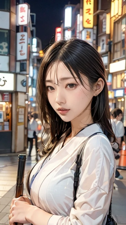 Una chica, Calle Tokio,Noche, paisaje urbano,Luces de la ciudad, Parte superior del cuerpo,cerca, 8K, Fotos CRUDAS, de la máxima calidad, obra maestra,Realista, photo-Realista,