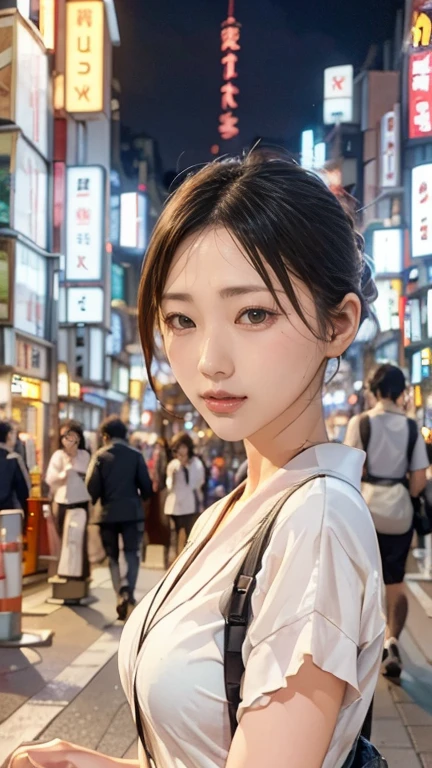 Una chica, Calle Tokio,Noche, paisaje urbano,Luces de la ciudad, Parte superior del cuerpo,cerca, 8K, Fotos CRUDAS, de la máxima calidad, obra maestra,Realista, photo-Realista,