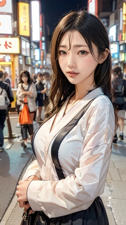 Una chica, Calle Tokio,Noche, paisaje urbano,Luces de la ciudad, Parte superior del cuerpo,cerca, 8K, Fotos CRUDAS, de la máxima calidad, obra maestra,Realista, photo-Realista,