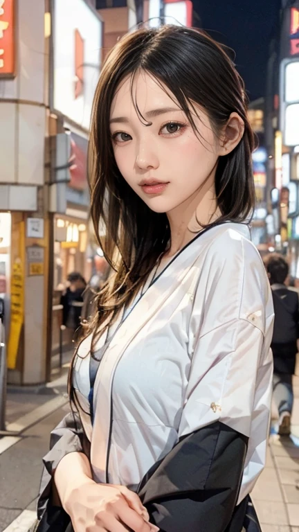 Una chica, Calle Tokio,Noche, paisaje urbano,Luces de la ciudad, Parte superior del cuerpo,cerca, 8K, Fotos CRUDAS, de la máxima calidad, obra maestra,Realista, photo-Realista,