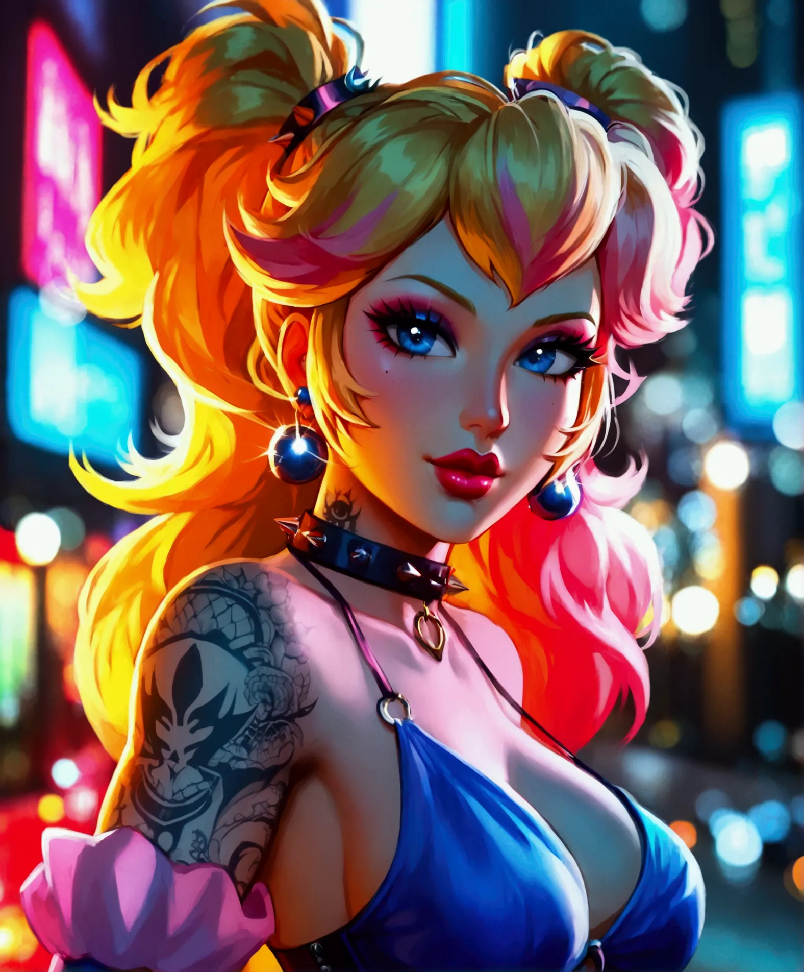 imagine princess peach as a reveled female bounty hunter, with tattoos and pink highlights, in a crime neighborhood in a city an...