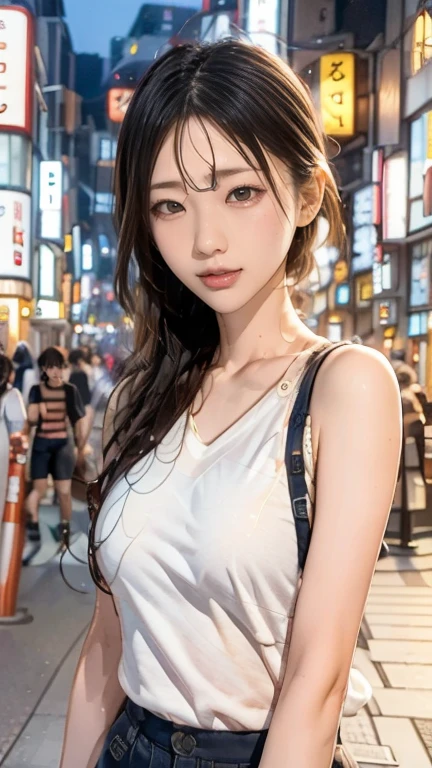 Una chica, Calle Tokio,Noche, paisaje urbano,Luces de la ciudad, Parte superior del cuerpo,cerca, 8K, Fotos CRUDAS, de la máxima calidad, obra maestra,Realista, photo-Realista,