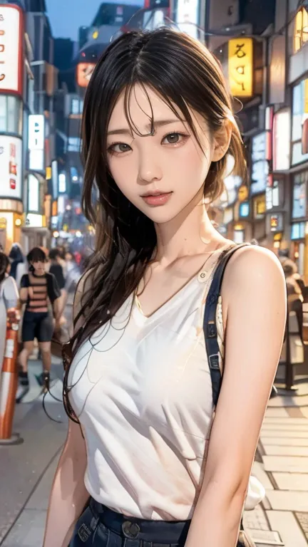 one girl, tokyo street,night, cityscape,city lights, upper body,close, 8k, raw photos, highest quality, masterpiece,realistic, p...