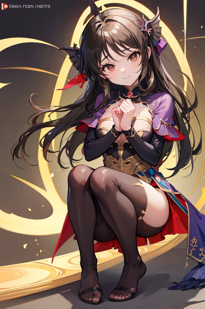 Highest quality　Highest quality　Draw a face carefully　High-definition anime-style face　Super Glowing Skin　Long black hair　Brown leotard　Golden pantyhose　Succubus　lure　smile　squat　Show the soles of your feet　Close up of the soles of the feet