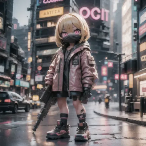 fish 1girl bangs blonde hair building car city city lights cityscape convenience store crosswalk cyberpunk english text eyebrows...