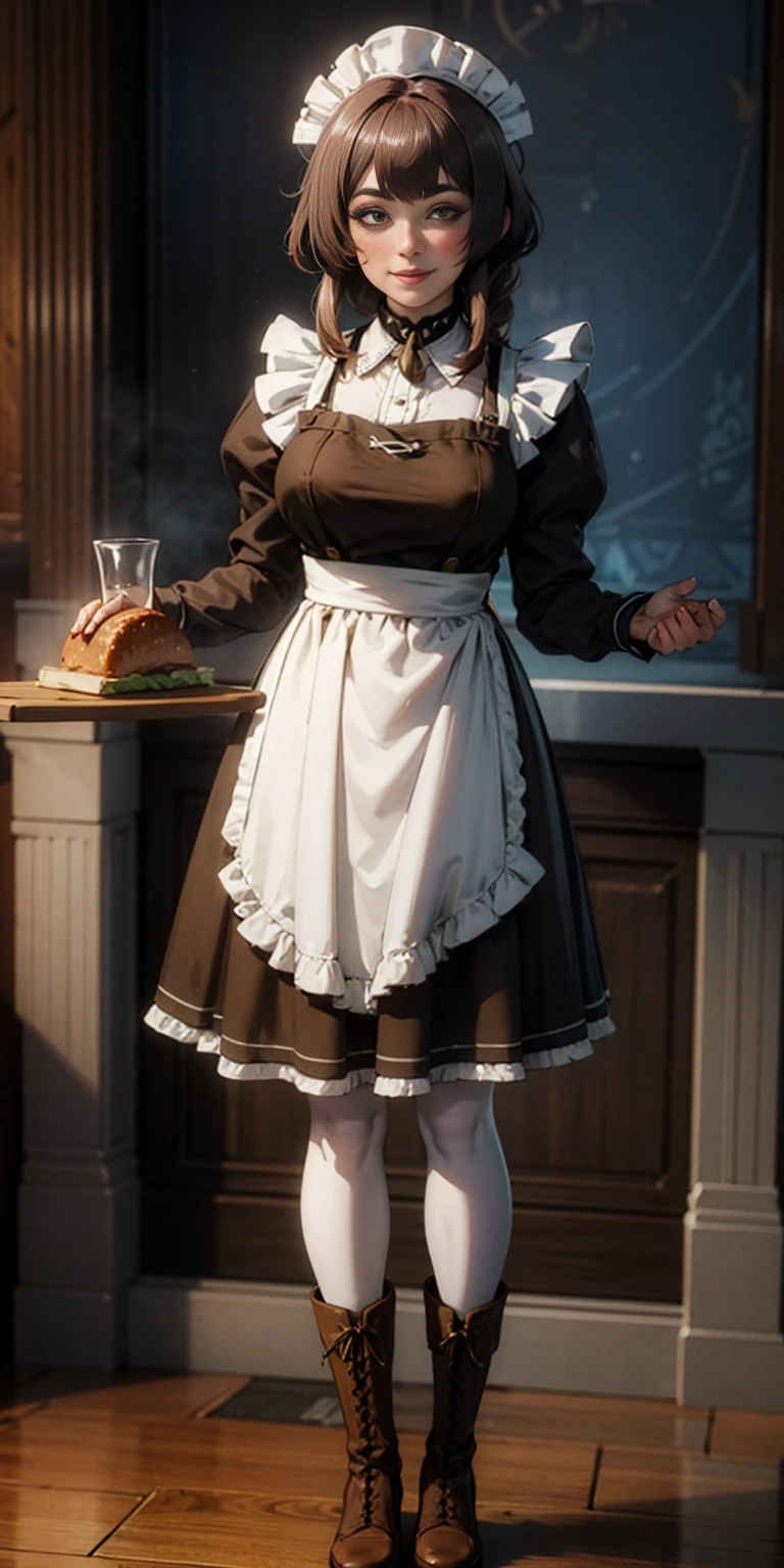 full body standing straight symmetrical, lustful smirking smile face red blush red cheeks, looking at viewer, holding tray, braid, maid headdress, maid, dress, apron, long sleeves, brown pantyhose, long leather militar boots, thighs, long white hair, masterpiece