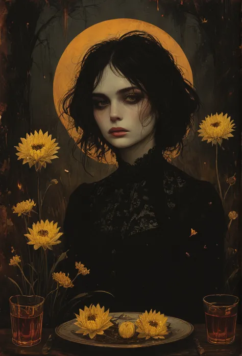 Her demon army took chrysanthemums and daffodils at the burnt ends., twilight, สารglow, glow