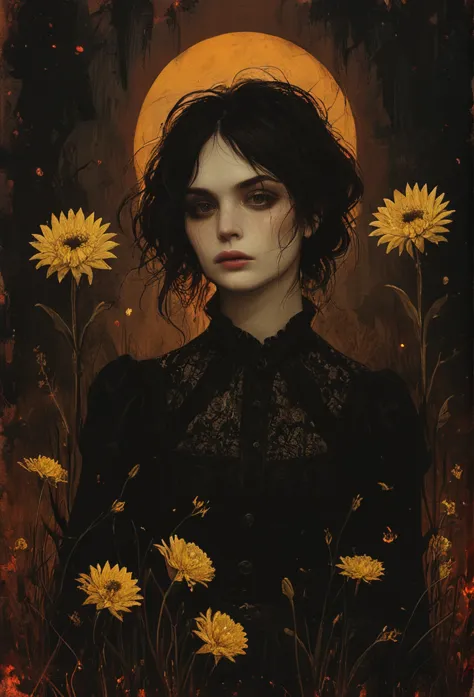 Her demon army took chrysanthemums and daffodils at the burnt ends., twilight, สารglow, glow