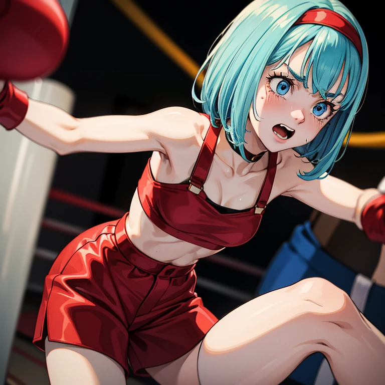 Cute slim high school girl, boxing gym, being hit in the stomach, expression of pain, gritting my teeth to hold on, only a few muscle tendons visible, short light blue hair, small breasts, Sleeveless, Short shorts,blue eyes