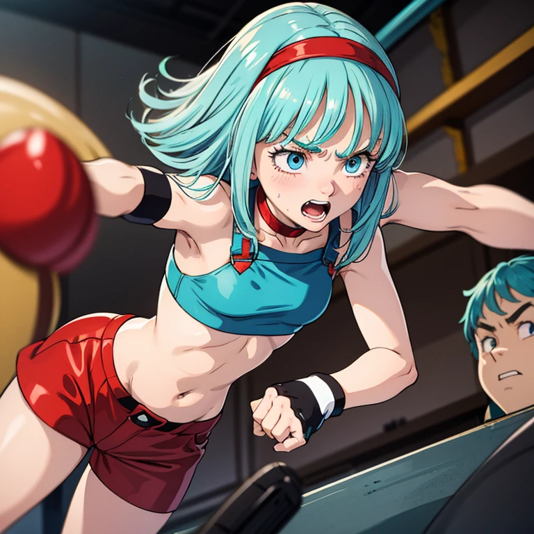 Cute slim high school girl, boxing gym, being hit in the stomach, expression of pain, gritting my teeth to hold on, only a few muscle tendons visible, short light blue hair, small breasts, Sleeveless, Short shorts,blue eyes