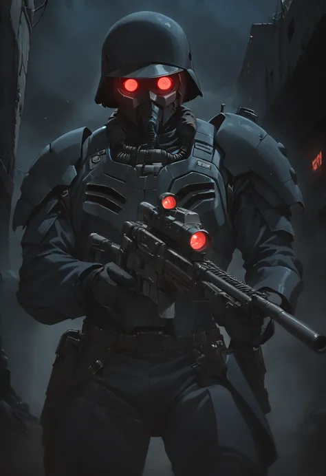 jin-roh!,1 boy,glowing,cowboy shot,strong,round eyes,backpack,no pupils,radio antenna,red eyes,dark,low-key,night,shadow,
sewer,...