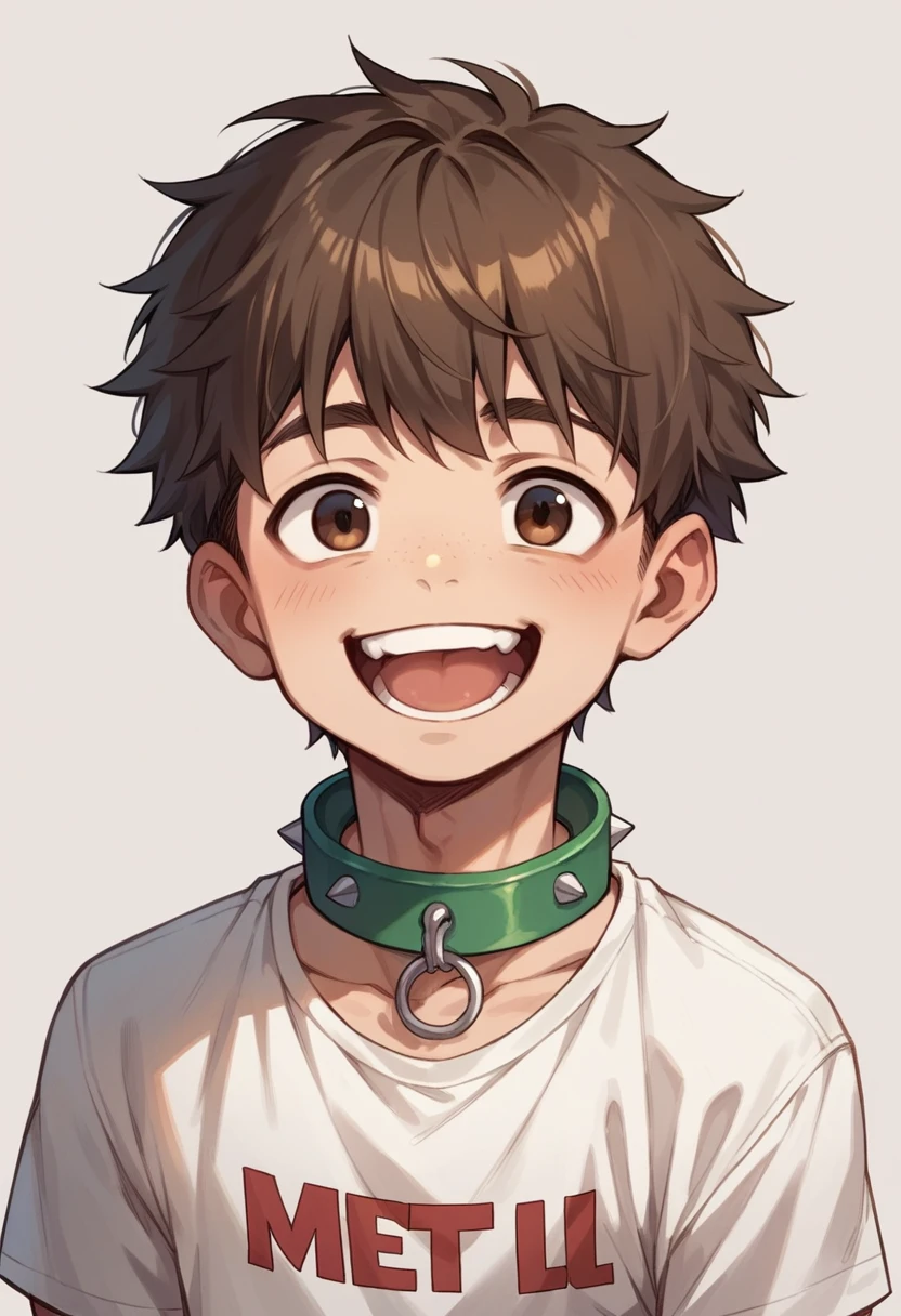 Human Male Young , Brown short hair, wearing  shirt, ((wearing big metal Collar )) ,half body ,Happy face ,