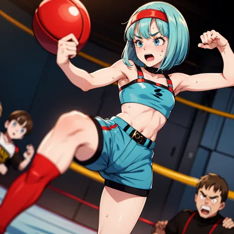 Cute slim high school girl, mixed martial arts fight in the ring, impatient, desperate expression, punching, sweaty, Open mouth,...