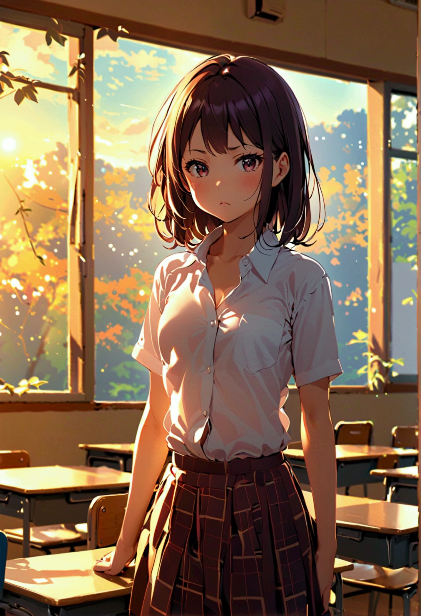 Ayumi Yoshida, estudiante de primaria, kawaii, lindo, Pequeño y corto, expresión enojada, de pie en un salón de clases, visible vagina, exhausto. camisa abierta, ropa abierta, pecho y pecho visibles, pequeña mama, ombligo visible. sol de la tarde.