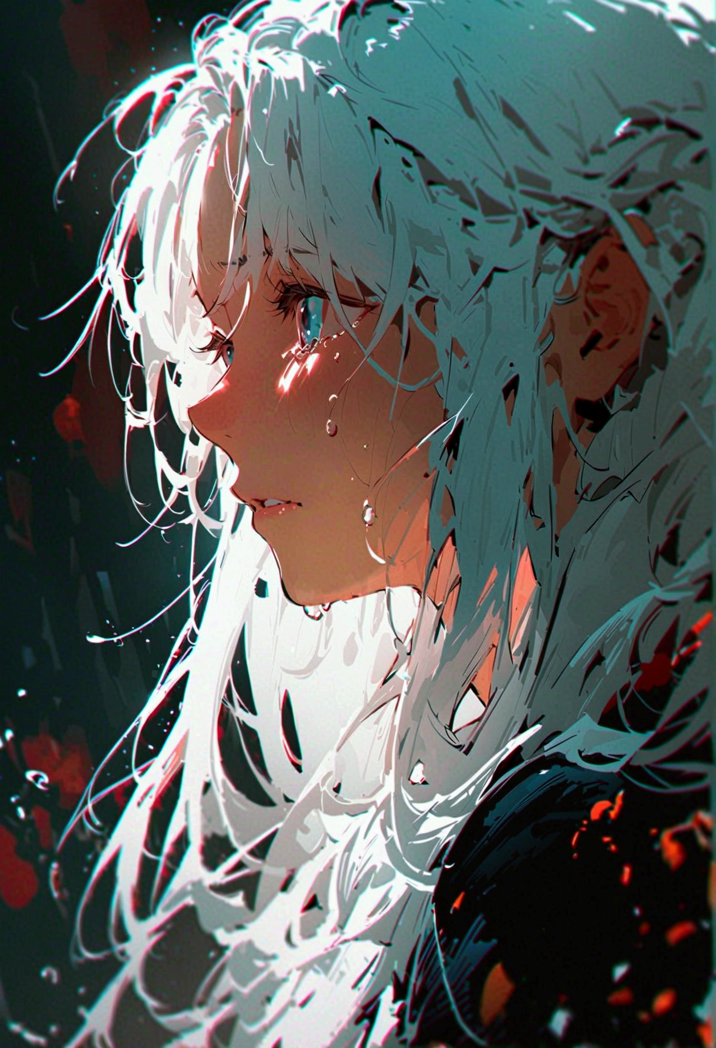 digital drawing,a woman crying, long white hair,just the face,UHD, high resolution, Blurred Background,Dark theme, solitary, dark environment,