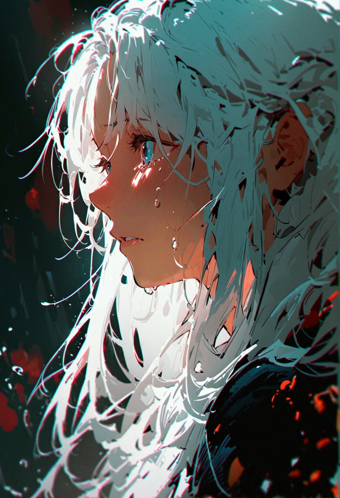 digital drawing,a woman crying, long white hair,just the face,UHD, high resolution, Blurred Background,Dark theme, solitary, dar...
