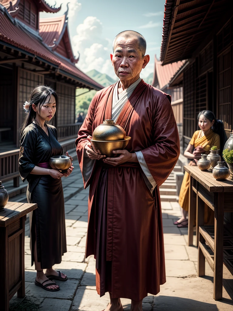 A surreal image of Thai people and villagers paying respects. Thai family Standing monk holding an alms bowl. Monks. The realism of the temple., Realistic photorealism, perfect, high detail, sharp, 8k, fantasy art, realistic.