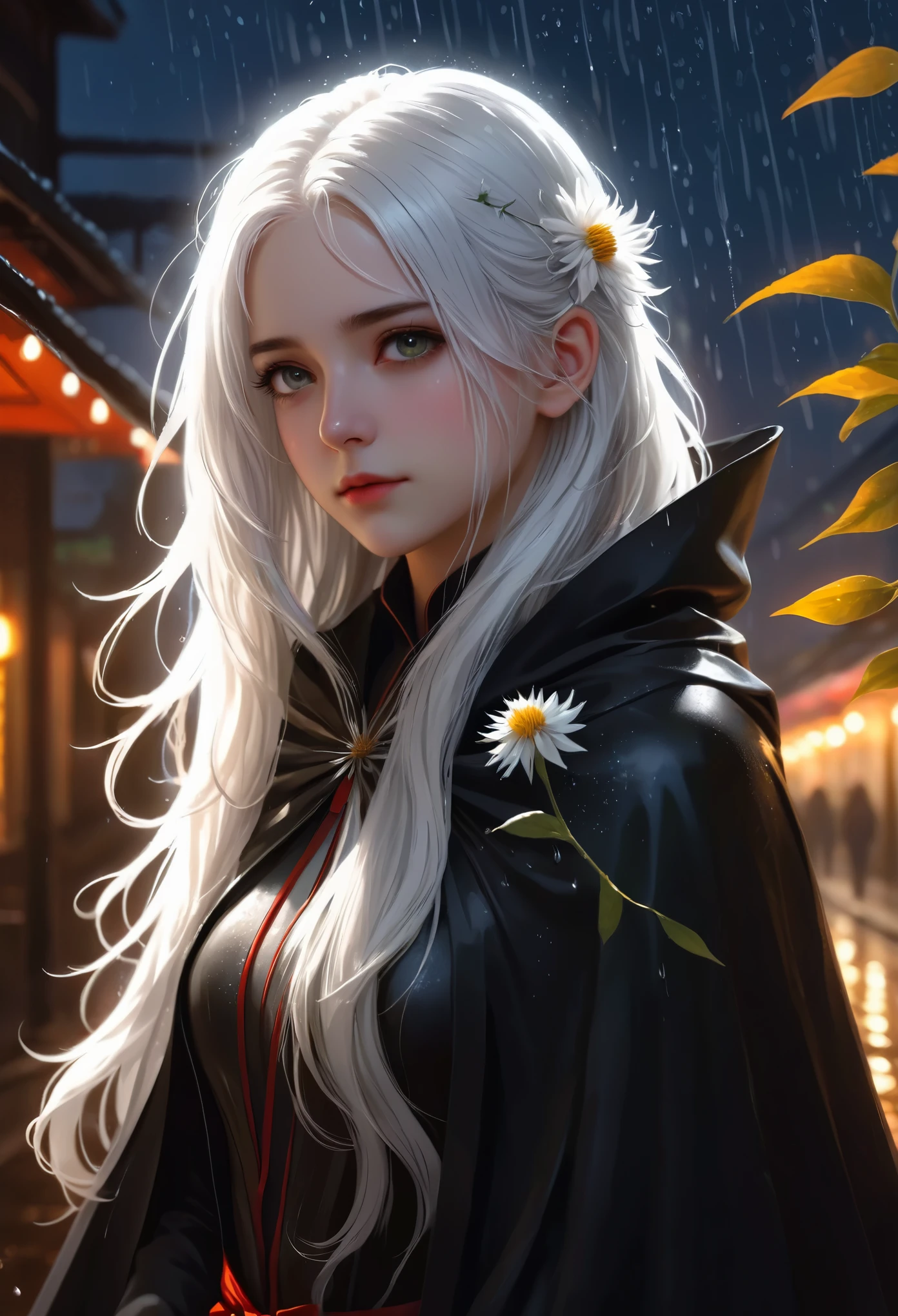 1 Girl,Solitary,1 Girl,Solitary,((Beautiful and delicate eyes)), (Detailed lighting),Depth of Field,(White hair),Silver Eyes,Hair covering one eye,(safflower ), Flowering,Long hair,Black cape,wet,callous,look back,night,Starfall,rain,FOG,safflowers falling,sketch,Upper Body,Strong shadows,