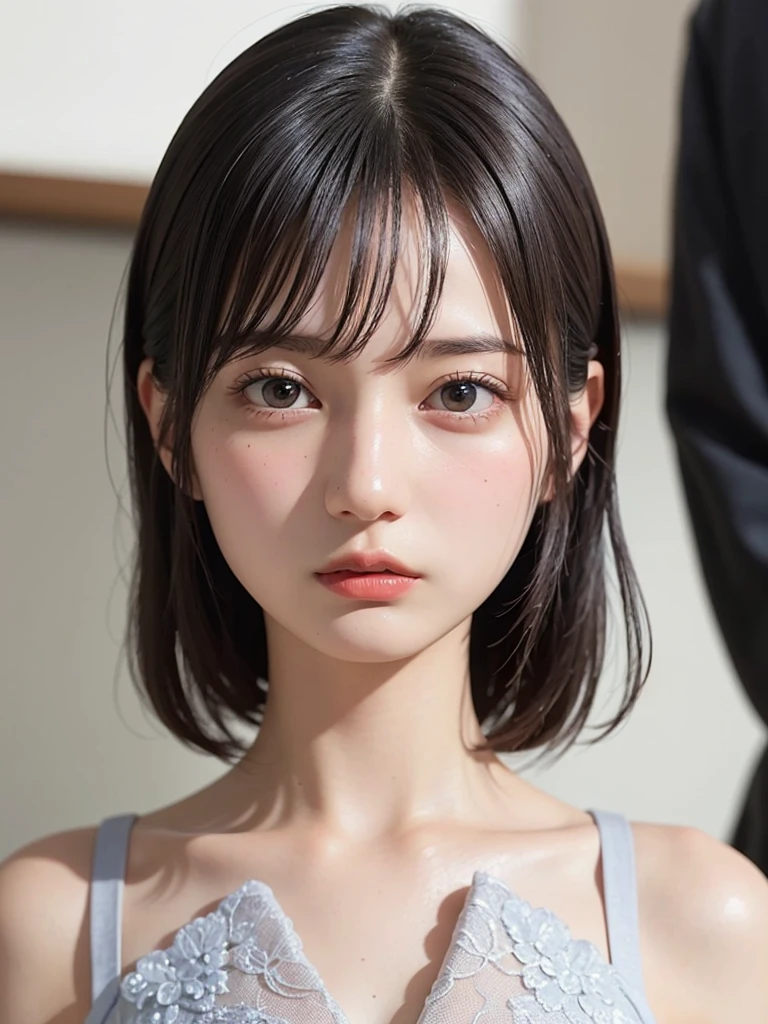 (1 nogizaka girl,masterpiece, Best image quality, high quality, ultra High resolution,High resolution,detailed, highly detailed, super detailed,3D Rendering,Unreal Engine,unity 8k wallpaper:1.3),One Girl,Japanese Girls,beautiful girl,incredible beautiful girl,(Facing the children_v1:0.4),  (Robe Dress,Japanese Junior Idols,Shoot from the front,View your viewers,whole body:1.2),Confused, detailed eyes, detailed skin, Beautiful Skin,so beautiful,Small face,Oval Face,Beautiful eyelashes,detailed eyelashes,detailed face,The finer details, Bright lighting,Professional Lighting,Thin eyebrows,Face of anguish,Cleavage