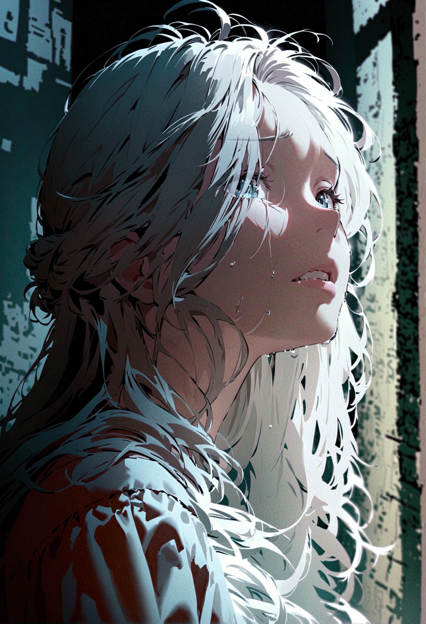 cinematographic drawing,a woman crying, long white hair,just the face,UHD, high resolution, Blurred Background,Dark theme, solitary, dark environment,