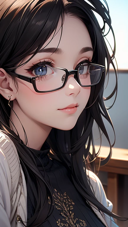 ((Beautiful Face)), Rembrandt Lighting, (masterpiece:1.2), (Highest quality), (Detailed skin:1.3), (Intricate details), Black Hair, Long Hair, Glasses, Gazing at the audience, Summer knitwear, shirt, University professor, 40 years old, University Campus, Beautiful Eyes, stockings, Composition looking up from below