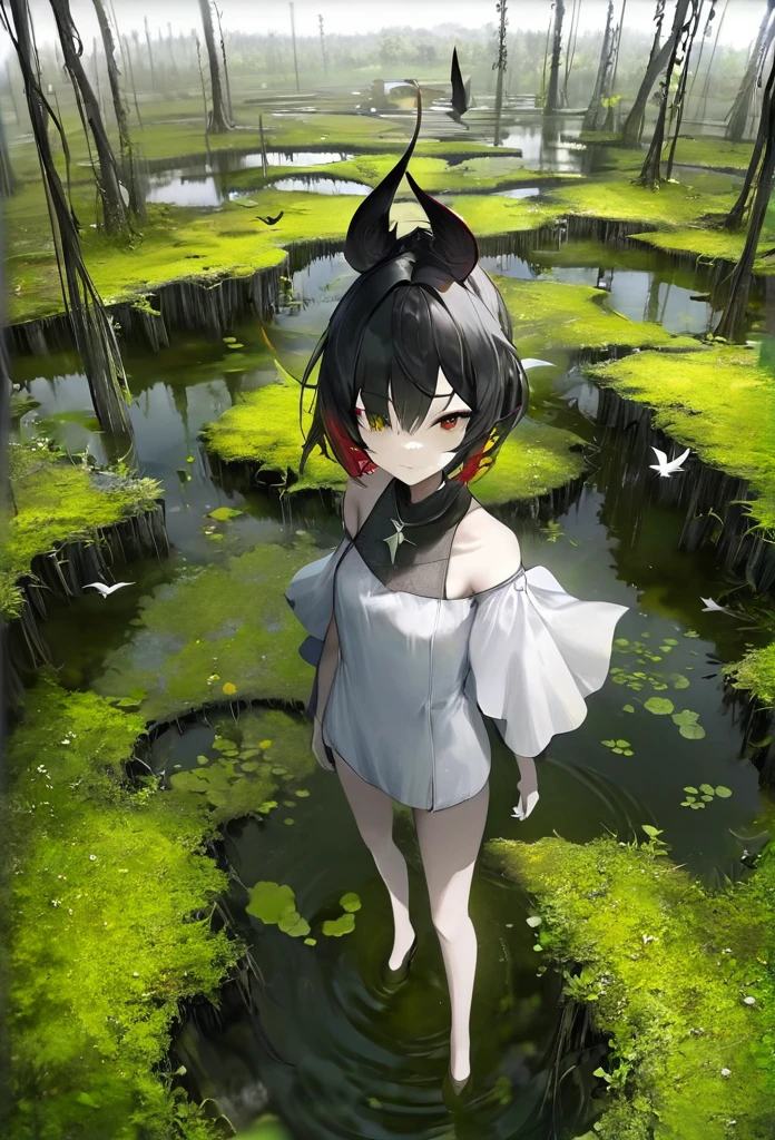 Generate an aerial angle birds eye view image of a  beautiful humanoid dragon girl , face of beautiful  human detailed scale photo realistic with menacing wings, color red and silver unreal engine standing , getting out from the swamp with floating algae , dynamic pose with a background full of large vines dramatic angle view high coloration 4k resolution but