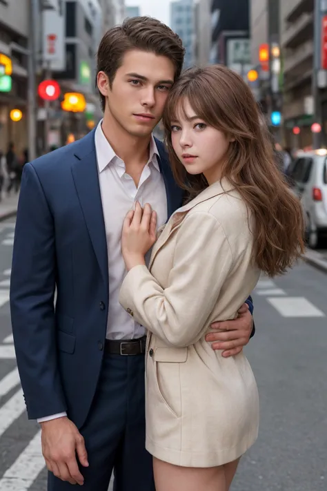 breaking the raw photo , realistic photos , handsome man , beautiful women romance, street、japanese、highest quality、suit、