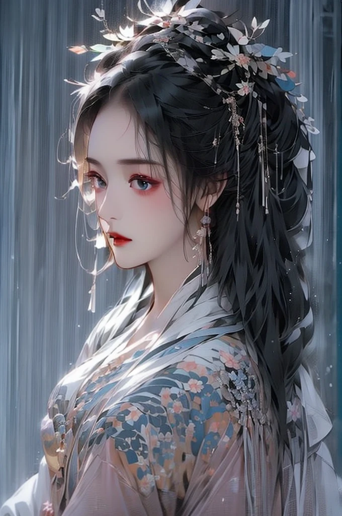 Black Hair, Immortal Cultivation, Royal sister, White Robe, hime cut, hair scrunchie, Romanticism, Gothic art, ray tracing, cinematic lighting, first-person view, Sony FE GM, anatomically correct, masterpiece