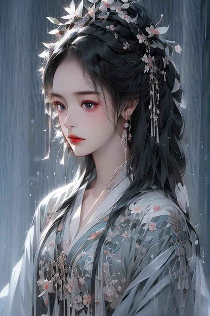 Black Hair, Immortal Cultivation, Royal sister, White Robe, hime cut, hair scrunchie, Romanticism, Gothic art, ray tracing, cinematic lighting, first-person view, Sony FE GM, anatomically correct, masterpiece