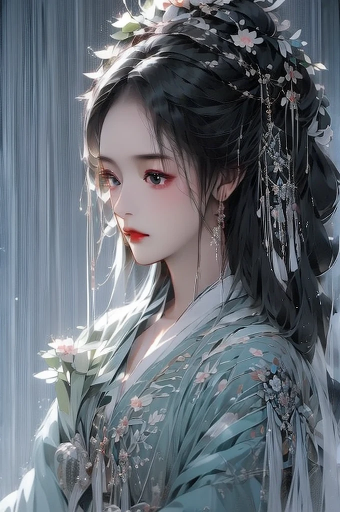 Black Hair, Immortal Cultivation, Royal sister, White Robe, hime cut, hair scrunchie, Romanticism, Gothic art, ray tracing, cinematic lighting, first-person view, Sony FE GM, anatomically correct, masterpiece