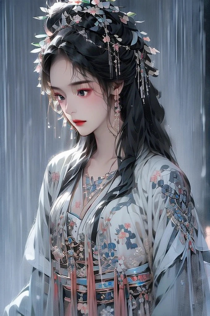 Black Hair, Immortal Cultivation, Royal sister, White Robe, hime cut, hair scrunchie, Romanticism, Gothic art, ray tracing, cinematic lighting, first-person view, Sony FE GM, tachi-e, anatomically correct, masterpiece